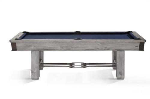 Brunswick Billiards Brunswick Canton 8' Slate Pool Table, rustic grey finish, with sturdy wooden legs and blue felt playing surface.