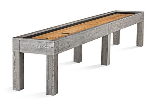 Brunswick Billiards Brunswick Sanibel Shuffleboard Table, Rustic Grey, with a wooden playing surface and sturdy grey wood frame.