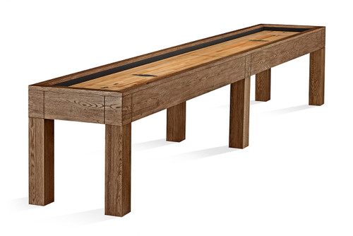 Brunswick Billiards Brunswick Sanibel Shuffleboard Table, Rustic Dark Brown, showcasing a sleek wooden surface and sturdy legs for gaming and recreational use.