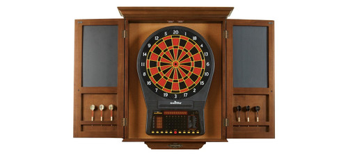 Full view of the Brunswick Billiards Dartboard Cabinet in Chestnut finish, showcasing its elegant design with antique bronze hinges and knobs. The cabinet doors feature double chalk scoreboards, dart holders, and a sleek cork backboard.