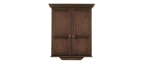 Cabinet doors open, displaying the double chalk scoreboards, magnetic catches, and dart holders for easy storage. The Brunswick Billiards Dartboard Cabinet is designed to keep your game room organized and your darts accessible.