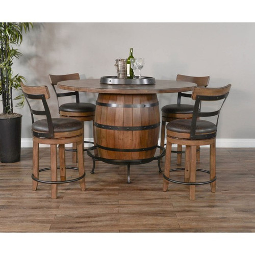 Sawyer Twain Bobby Wine Barrel Pub Table Set, wooden wine barrel-themed dining table with four matching chairs featuring cushioned seats and rustic design.