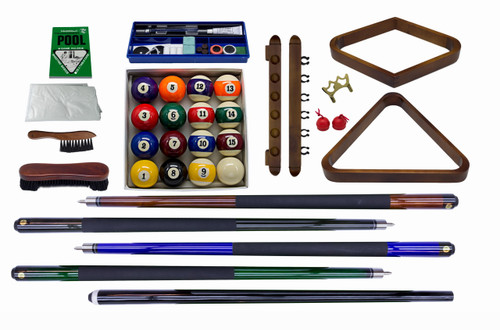 Plank & Hide Co Plank & Hide Classic Billiards Accessory Kit, complete billiard accessories set with cue sticks, billiard balls, cue chalks, cues, rack, brush, chalk holder, and other billiard accessories.
