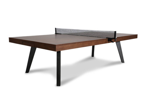 Plank & Hide Co Plank & Hide Harper Table Tennis Table with Storage Drawer, modern wooden ping pong table with black legs and a net, suitable for indoor recreational use.