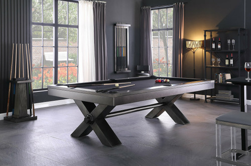 A stunning shot of the Vox steel slate pool table, featuring its bold gunmetal finish and industrial steel frame. The streamlined X-leg design enhances the table’s sleek look, making it the perfect addition to any luxury space, whether a game room or high-end commercial lounge.