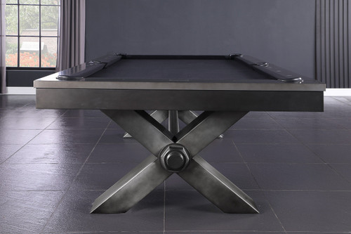 Plank & Hide Co VOX Steel Slate Pool Table, modern pool table with steel slate surface and sleek design, positioned in a contemporary game room with large window and dark flooring.
