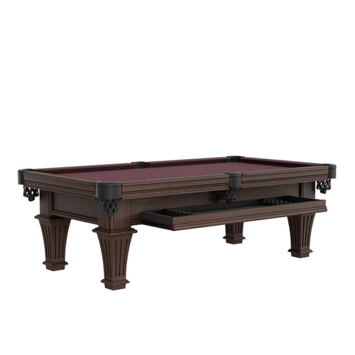 Plank & Hide Co Plank & Hide Talbot 8' Pool Table with Storage Drawer, crafted in dark wood with a rich finish and burgundy felt surface, featuring decorative carved legs and a built-in drawer for convenient accessory storage.