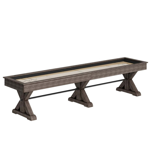 Plank & Hide Co Plank & Hide Otis Shuffleboard Table, Weathered Grey, featuring a long rectangular design with a weathered grey wood finish, black accents, and a built-in shuffleboard playing surface with scoring zones.