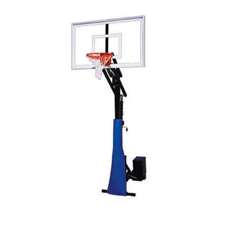 First Team Inc First Team ROLLAJAM NITRO Portable Adjustable Basketball Hoop, image showing a portable basketball hoop with a black and blue pole, clear adjustable backboard, and red and white net.