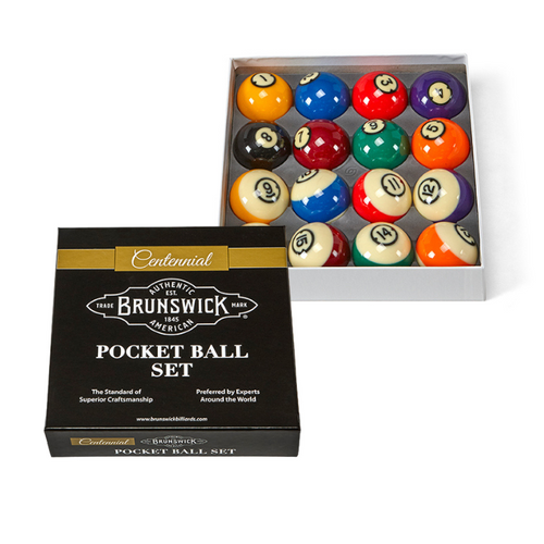 Brunswick Billiards Brunswick Centennial Billiard Ball Set, a complete set of 15 colorful pocket billiard balls in a display box.