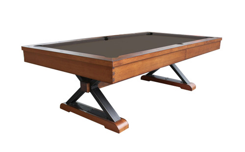 Playcraft Santa Fe Slate Pool Table, Cocoa Bean Finish with X Metal Legs, showcasing a sleek wooden design and sturdy black metal support structure.