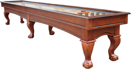 Playcraft Charles River Chestnut Pro-Style Shuffleboard Table, wooden shuffleboard with ornate legs and a playing surface with pucks and cues.