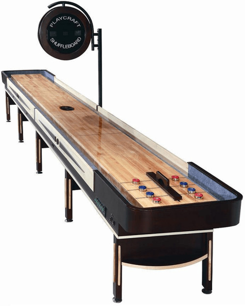 Playcraft Telluride Espresso Shuffleboard Table with Overhead Electronic Scoring, wooden surface, digital score display, and game accessories for recreational entertainment.