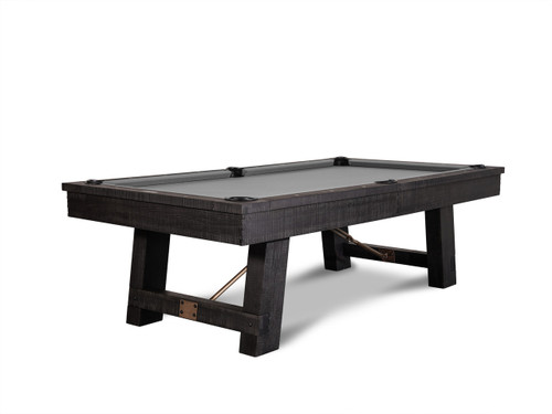 Plank & Hide Co Isaac Pool Table Distressed Black & Gold, a stylish pool table featuring a distressed black finish and gold details with a sleek design.
