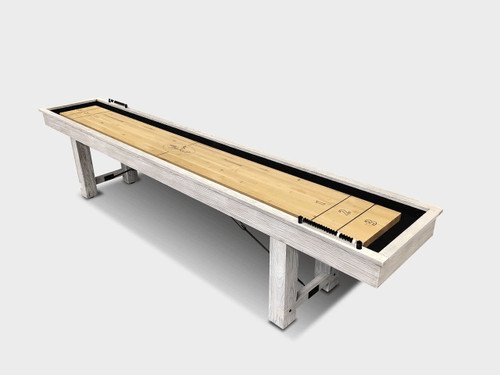 Playcraft Montauk Shuffleboard Table by Playcraft, White Wash Finish, 9' & 12' options, showing a rustic wooden finish with scoring zones.