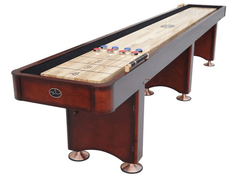 Playcraft Georgetown Cherry Shuffleboard Table 12', 14, 16' with wooden playing surface and traditional cherry finish.