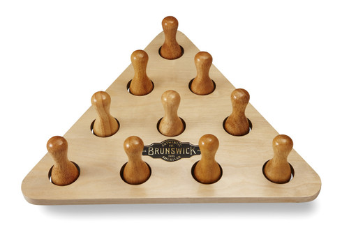 Brunswick Billiards Bowling Pin Set for Shuffleboard Tables, wooden set of ten bowling pins arranged on a triangular wooden base for shuffleboard game.