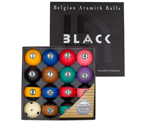 Aramith Tournament Black Billiard Ball Set, colorful billiard balls arranged in a box with a black box labeled 'Belgian Aramith Balls' in the background.