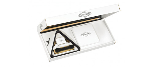 Brunswick Billiards Play Package, indoor billiards game set with pool cue, brush, chalk, and score pad in branded packaging.
