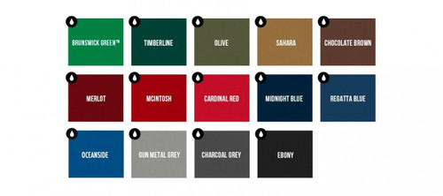 Brunswick Billiards Brunswick Centennial Stain-Resistant Billiard Cloth – 14 Colors, color chart with options including Brunswick Green, Timberline, Olive, Sahara, Chocolate Brown, Merlot, McIntosh, Cardinal Red, Midnight Blue, Regatta Blue, Oceanside, Gun Metal Grey, Charcoal Grey, and Ebony.