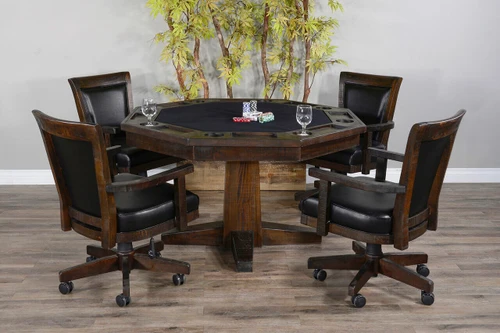 Sawyer Twain Henry 5-Piece Poker & Dining Table Set with 4 Chairs, dark mahogany finish, with poker chips and glasses on the table, in a modern dining room.