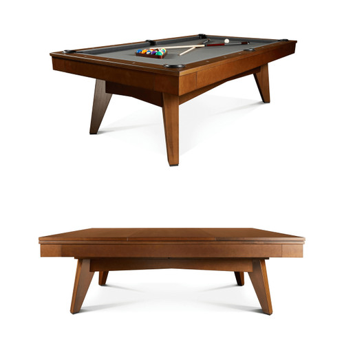 Doc & Holliday Scholar Pool Table in Pecan, a custom American-made pool table with wooden finish, featuring a sleek design and equipped with pool cues and balls for recreational gaming.