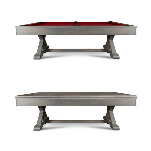 Doc & Holliday Hepburn Pool Table, stylish wood pool table with red felt top shown from front and side angles.