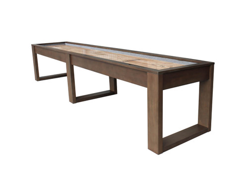 Plank & Hide Co Lana 14' Shuffleboard Table, long rectangular wooden shuffleboard game table with a polished surface and sturdy wooden legs, designed for indoor recreational use with free shipping in the Continental USA.