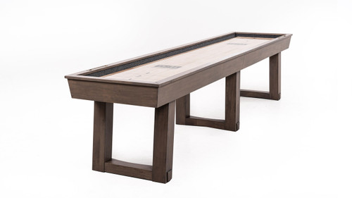 Doc & Holliday Bowie Shuffleboard Table, a professional-grade wooden shuffleboard table with a smooth playing surface and sturdy wooden legs for enhanced stability.