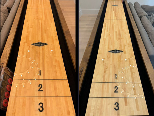 Brunswick Billiards Brunswick Parsons Shuffleboard Table, wooden surface with black borders and scoring zones numbered 1 to 3.