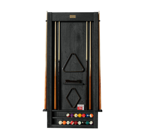 American Heritage Billiards American Heritage Alta 6-Cue Wall Mounted Cue Rack in Black Ash, with cues, billiard balls, and accessories displayed on a black wall-mounted rack.