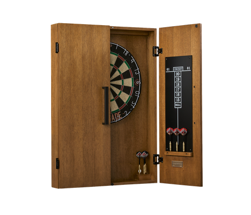 American Heritage Billiards American Heritage Alta Dartboard Cabinet in Brushed Walnut, with a dartboard and scoreboard inside the cabinet.