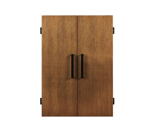 American Heritage Billiards American Heritage Alta Dartboard Cabinet in Brushed Walnut, wooden cabinet with black handles.