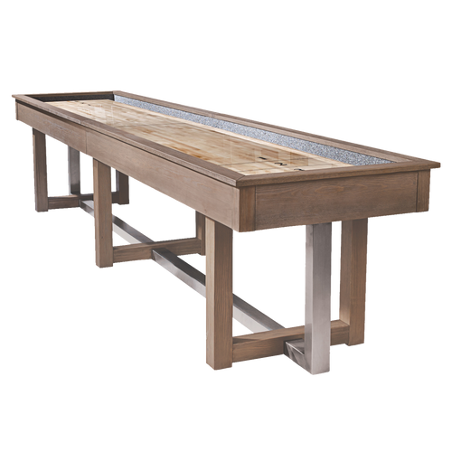 Abbey 12' Shuffleboard Table in Antique Grey displayed on a white background with a sandwashed brown finish, pedestal base legs, and a sleek, poly-coated playfield.
