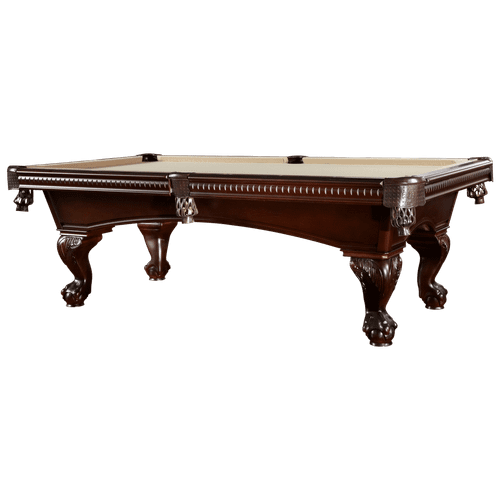 American Heritage Billiards Marietta 8' Slate Pool Table - Sierra Finish, a classic wooden pool table with carved legs and detailed edge design, featuring a beige felt playing surface.