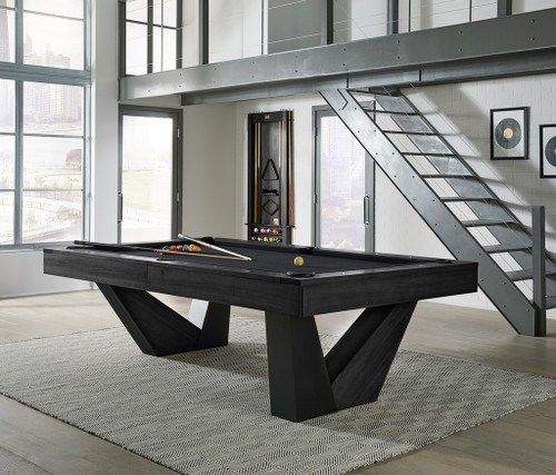 American Heritage Billiards Annex Pool Table, black ash finish, modern design with a sturdy base, located in a stylish game room.