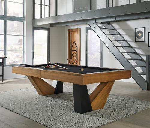 American Heritage Billiards American Heritage Annex Pool Table, Brushed Walnut Finish, in a modern game room with large windows and a staircase.
