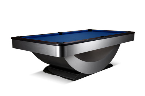Doc & Holliday Poshy Pool Table | Reverse Rainbow Edition, modern pool table with a sleek silver and black design featuring a vibrant blue felt playing surface.