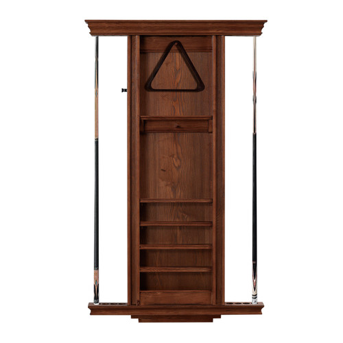 American Heritage Billiards Venice Rack, wooden billiard cue and accessory rack with suede finish, features multiple shelves and a triangular cue holder.