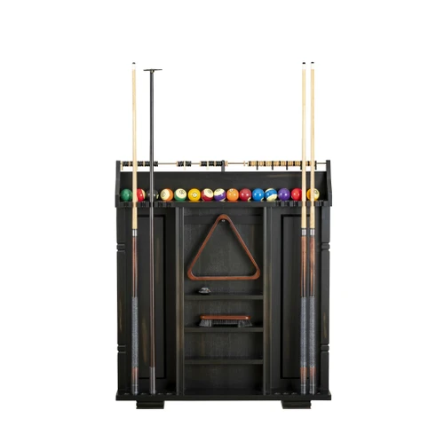 American Heritage Billiards Providence Rack | Peppercorn, pool cue rack with pool balls and cue sticks.