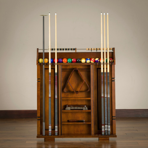 American Heritage Billiards Providence Rack | Suede, a wooden billiard cue rack with pool cues and accessories organized on a bookshelf