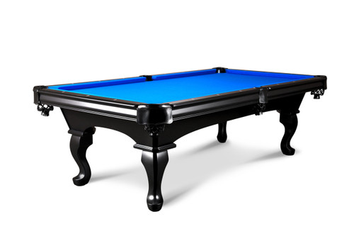 Doc & Holliday Elvira Slate Pool Table, black billiard table with blue felt surface and ornate curved legs.