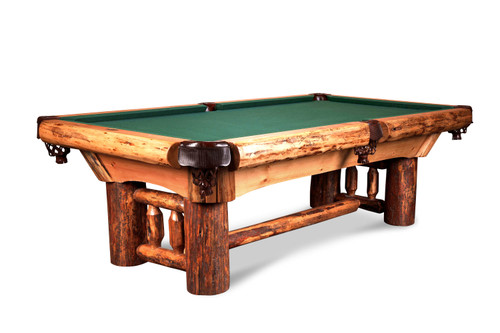 The Woodslee Pool Table by Doc & Holliday, handcrafted in the USA from lodgepole pine, featuring upgraded legs and a rustic live edge design, shown in a cozy lodge setting.