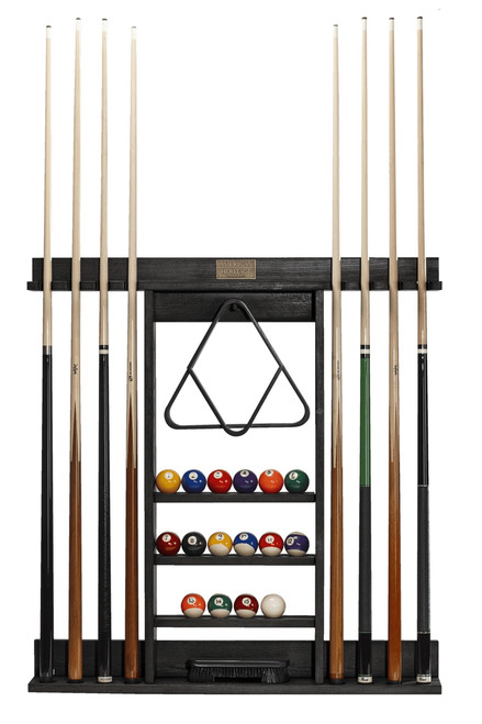 American Heritage Billiards Bluegrass 8 Cue Rack in Black Ash, wooden billiard cue rack with 8 cue sticks and billiard balls, organized and stylish billiard equipment storage