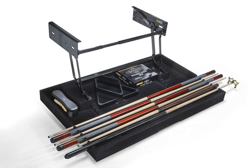 Brunswick Billiards Brunswick Billiard Table Storage Drawer, pool cue rack with cue sticks, cleaning brush, and accessories in storage drawer.
