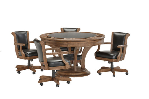 Brunswick Billiards Brunswick Centennial Game Table Set, round wooden dining table with black cushioned chairs.