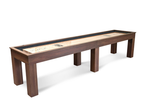 Doc & Holliday Paula Parsons 12' Shuffleboard Table in Grey Walnut, wooden shuffleboard table with scoring area and sturdy legs.