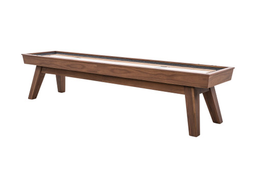 The Doc & Holliday George Shuffleboard Table in gray walnut finish, crafted from solid acacia wood, displayed in its full 12-foot length with modern, clean lines and a professional-grade playfield.