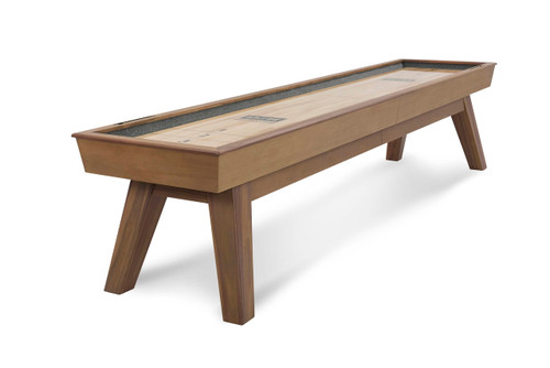 Doc & Holliday George Shuffleboard Table in Gray Walnut, sleek modern shuffleboard table with a wood finish, angled legs, and playing surface with scoring guides.