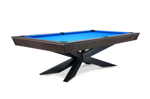 Doc & Holliday Jett Stealth Steel Slate Pool Table – USA Made, a modern billiards table with a blue felt top, sleek dark wooden frame, and stylish black angular legs for professional pool gameplay.